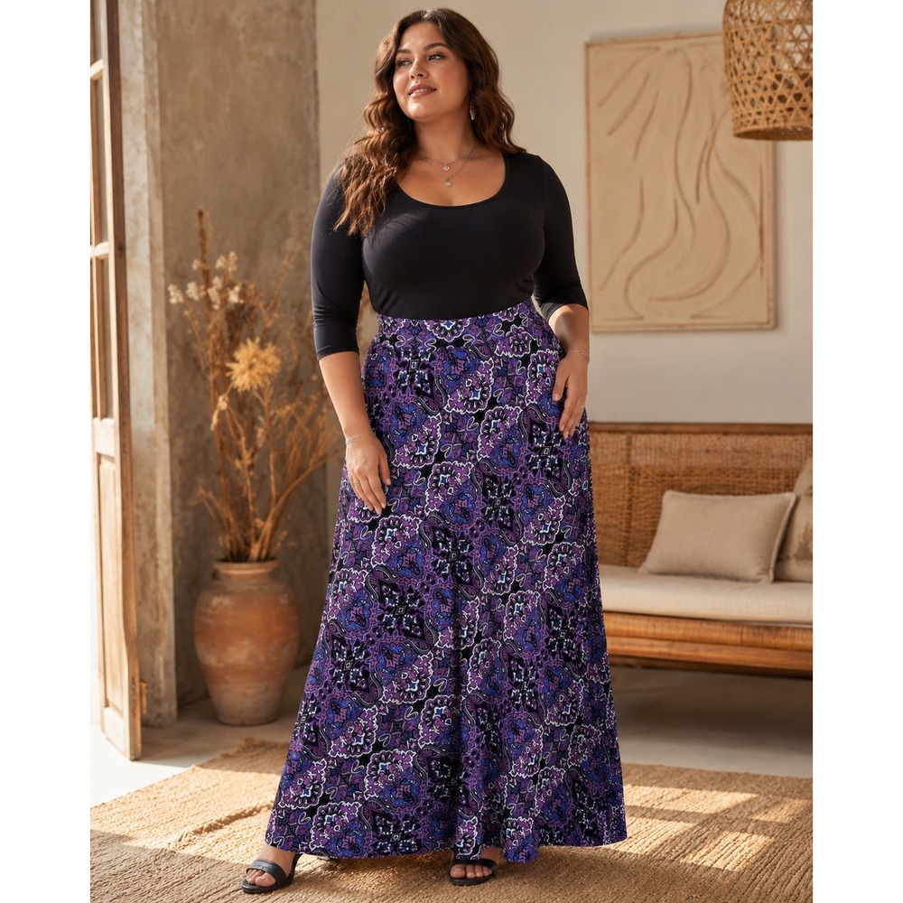 458. Boho Jessica London Purple Paisley Maxi Skirt Plus Size 26/28  Jersey Knit